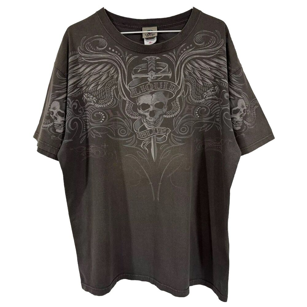 Liquid Blue Y2K Skull Sword Star Skulls Cross Bones Vintage Shirt Mens XL Faded